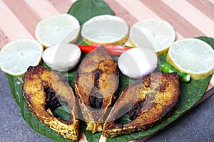 fried Hilsa fish on kitchen