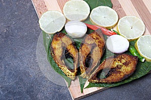 fried Hilsa fish on kitchen