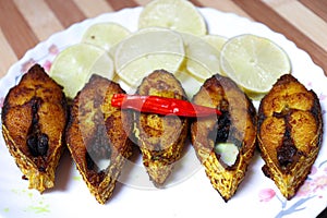 fried Hilsa fish on kitchen