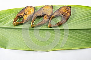 Fried Ilsha on Turmeric leaf. Hilsa fry is popular in pohela boishakh festival.