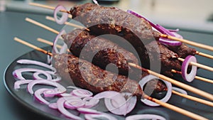 Fried and juicy grilled meat lies on a plate