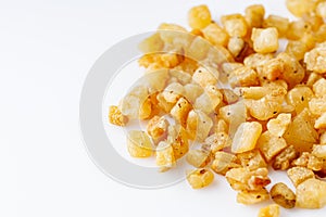 Fried lard cracklings on a white background