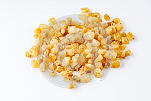 Fried lard cracklings on a white background