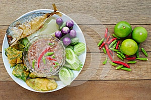 Fried mackerel with shrimp paste sauce and boiled or deep fried