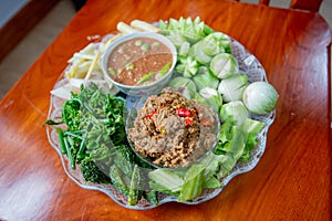 Fried mackerel with shrimp paste sauce and scald vegetable nam prik kapi pla too, Thai food