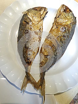 Fried mackerel on white plate