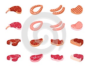 Fried meat. Flat cooking beef, fresh raw sirloin and bbq steak on dinner. Pork steaks and sausages, delicious meats food