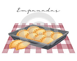 Fried meat pies, empanadas on a baking sheet, latin american cuisine. National cuisine of Argentina. Food illustration