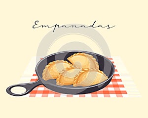 Fried meat pies, pancakes with meat in a pan, Latin American cuisine. National cuisine of Argentina. Food illustration vector