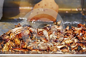 Fried meat for the preparation of donors or shawarma.