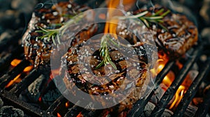 Fried meat steak on a black background of charcoal Grilled delicious steak on coals, closeup photo