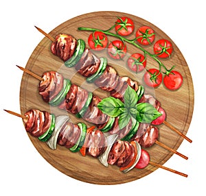 Fried meat and vegetables on wooden skewers. Watercolor illustration