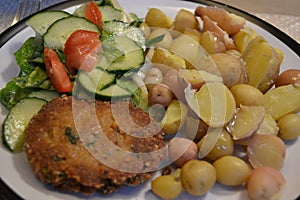 Fried meatloaf with young potatoes and salad