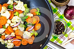 Fried mix vegetables in a pan in oil