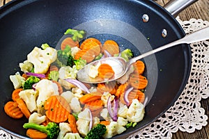 Fried mix vegetables in a pan in oil