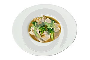 Fried noodle with pork and broccoli on white background