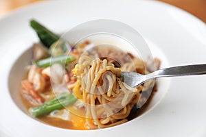 Fried noodle with soy sauce , hokkien mee Asian food