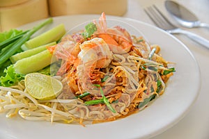 Fried noodle Thai style with prawns or padthai photo