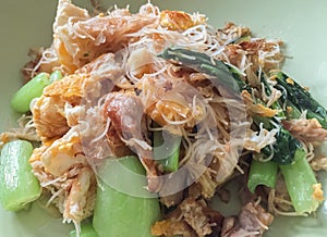 Fried Noodles With Pork In Soy Sauce And Vegetable