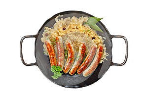 Fried Nuremberg sausages with sauerkraut