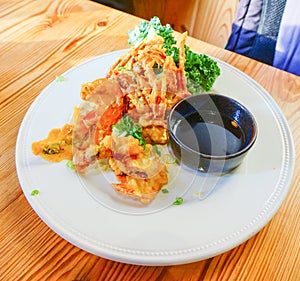 Fried octopus and lettuce