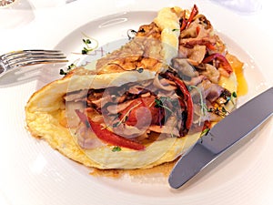 Fried omelet with bacon and vegetables on a plate