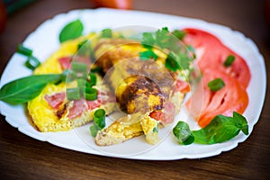 Fried omelet from homemade organic eggs with tomatoes and green onions
