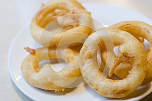 Fried onion ring on white dish