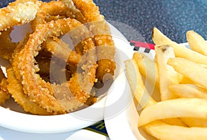 Fried onion rings and french fries