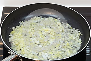 Fried onions in a pan closeup