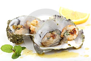 Fried oysters and prawns in a shell isolated on wh