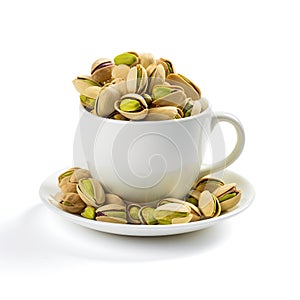 Fried Pistachio Nuts in White Mug, Baked Pistachios Pile, Salt Pistache in Tea Cup on White Background