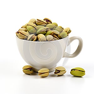 Fried Pistachio Nuts in White Mug, Baked Pistachios Pile, Salt Pistache in Tea Cup on White Background