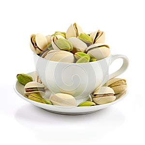 Fried Pistachio Nuts in White Mug, Baked Pistachios Pile, Salt Pistache in Tea Cup on White Background