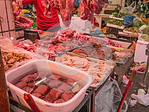 Fried Pork belly and raw pork in the chinese Fresh market at changsha city