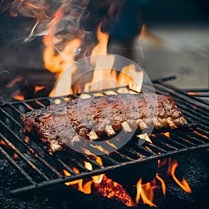 Fried pork ribs grilling on open flame, flavorful street food