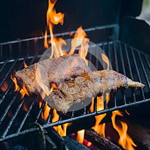 Fried pork ribs grilling on open flame, flavorful street food