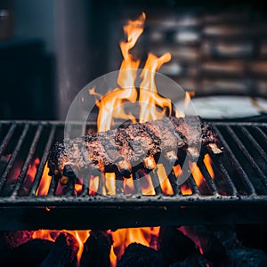 Fried pork ribs grilling on open flame, flavorful street food