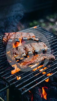 Fried pork ribs grilling on open flame, flavorful street food