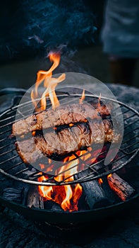 Fried pork ribs grilling on open flame, flavorful street food