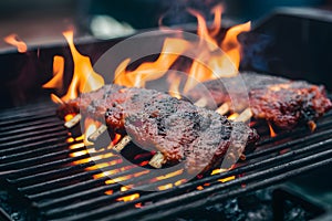 Fried pork ribs grilling on open flame, flavorful street food