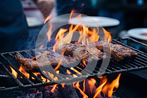 Fried pork ribs grilling on open flame, flavorful street food