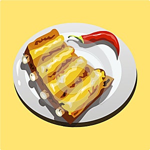 Fried pork ribs on a plate with red hot pepper.