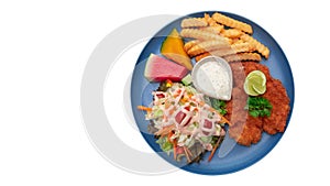 Fried pork with salad and fench fire top view on white background