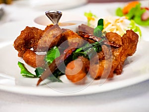 Fried pork Spicy ,In Room,Meeting  in restaurant,Food Thailand,Healthy,Dinner of young friends