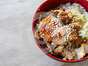 Fried Pork with sweet sauce on top of rice bowl - Japanese style