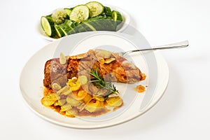 Fried pork tenderloin with sliced potatoes and cucumber