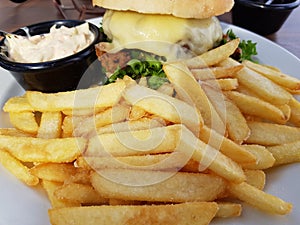 Fried potato chips with cheese hamburger and garlic coleslaw on a white plate in a resturant