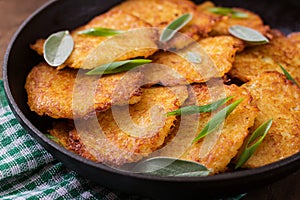 Fried potato pancakes in a frying pan