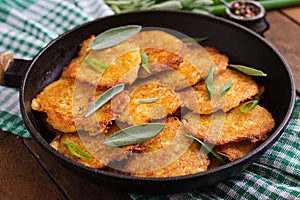 Fried potato pancakes in a frying pan